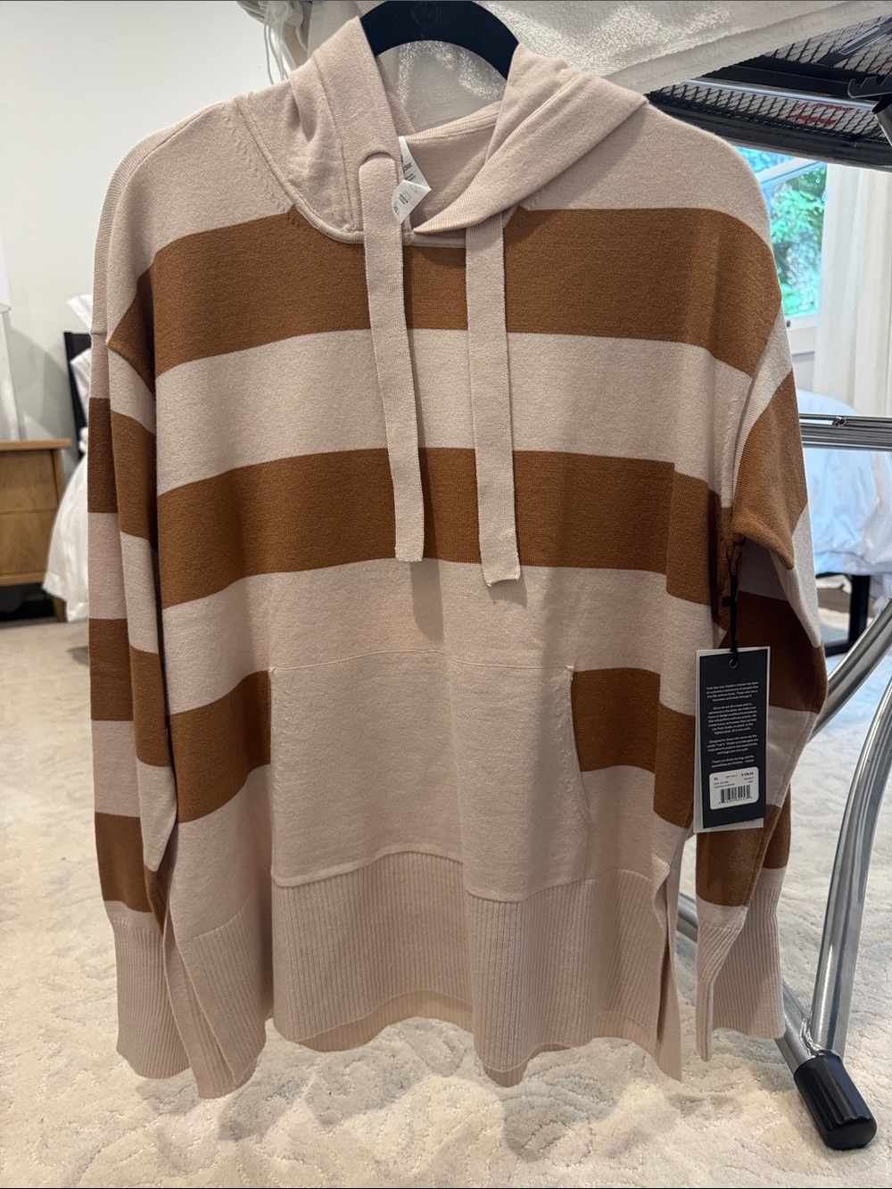 Striped Hooded Pullover Sweater in Cream and Brown